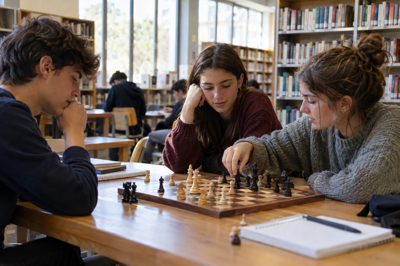 Giovani durante un laboratorio di scacchi in biblioteca
