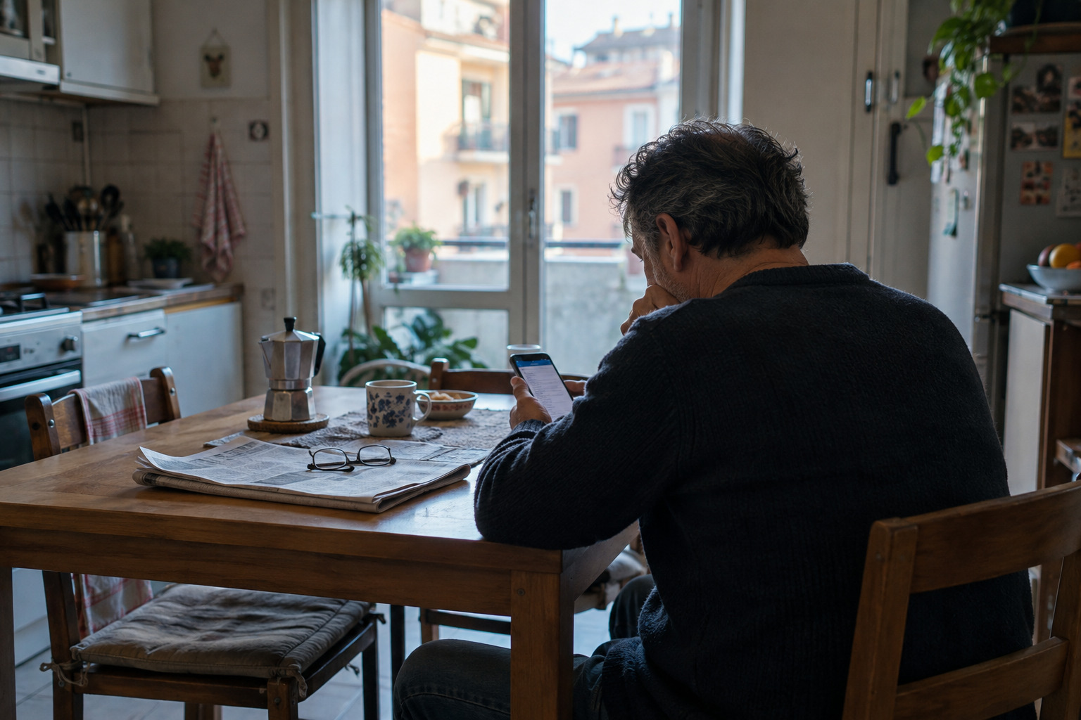 Persona circondata da un flusso continuo di informazioni digitali